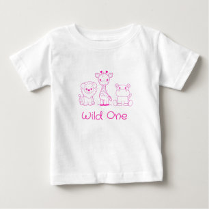 T-shirt Pour Bébé Girafe, Lion, Hippopotame "Wild One" Contour Rose