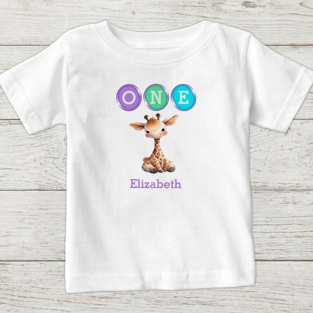 T-shirt Pour Bébé Giraffe 1er Anniversaire avec nom violet (Créateur téléchargé)