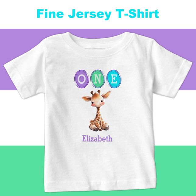T-shirt Pour Bébé Giraffe 1er anniversaire un avec le nom violet (Créateur téléchargé)