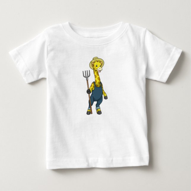 T-shirt Pour Bébé Giraffe en fermier avec Pitchfork (Devant)