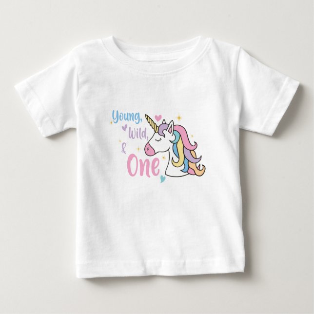 T-shirt Pour Bébé Girl Young Wild One Unicorn 1er anniversaire (Devant)