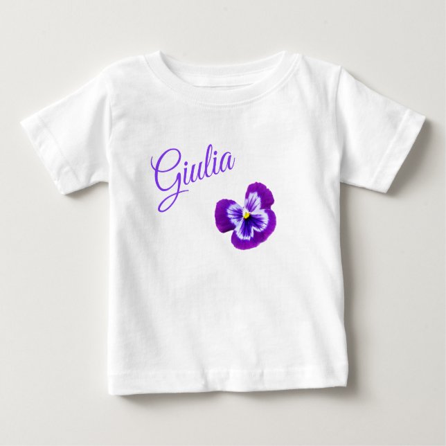 T-shirt Pour Bébé Giulia, Nom Logo Avec Un Joli Pansy Violet, (Devant)