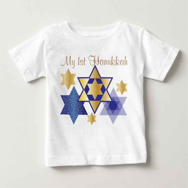 T-shirt Pour Bébé Gold & Blue Stars of David My 1st Hanoukka (Devant)