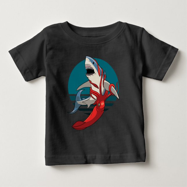 T-shirt Pour Bébé Grand requin blanc et calmar géant (Devant)