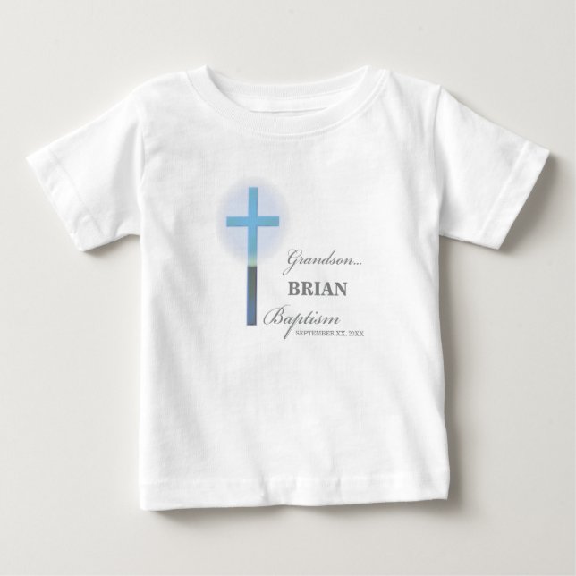 T-shirt Pour Bébé Grandson Baptême bleu dentelle personnalisée (Devant)