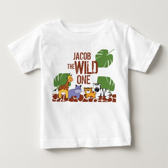 T-shirt Pour Bébé Green Brown Name Safari WILD ONE 1er Birthday (Devant)