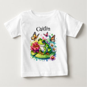 T-shirt Pour Bébé Grenouille mignonne sur Lily Pad avec Fleurs et Pa