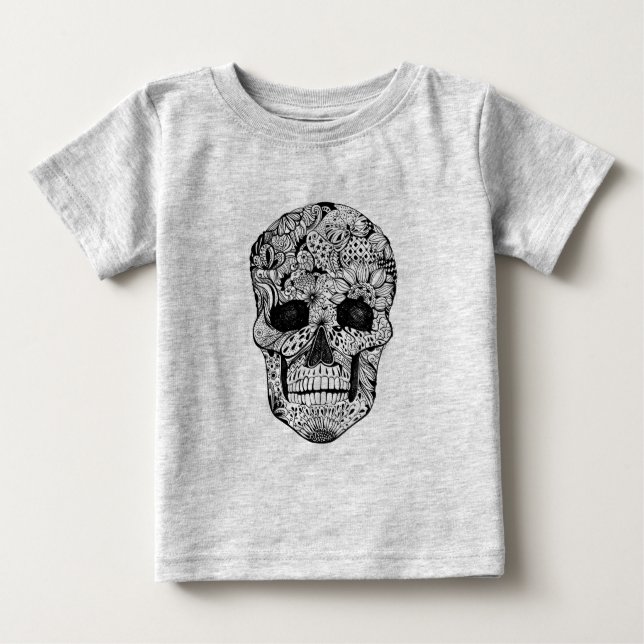 T-shirt Pour Bébé Griffonnage floral de crâne (Devant)
