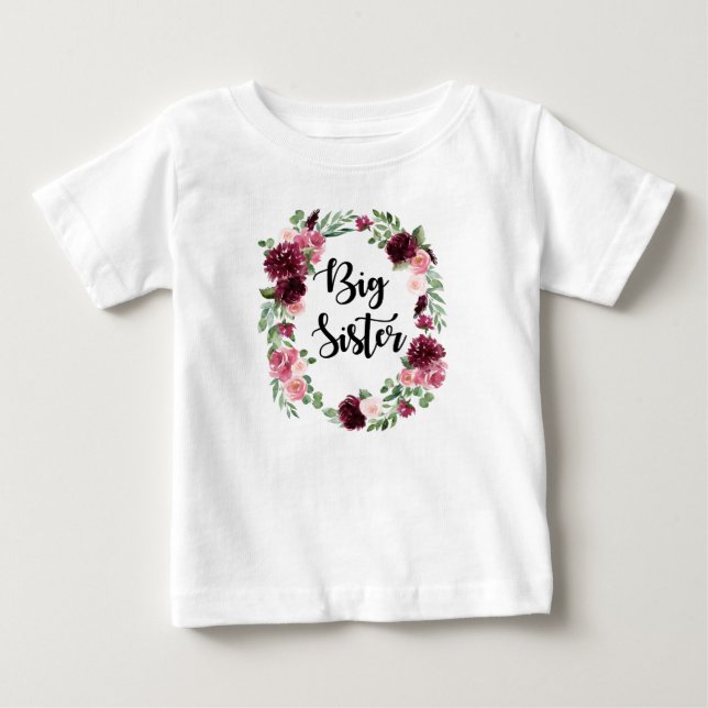T-shirt Pour Bébé Grosse soeur bordeaux floral (Devant)