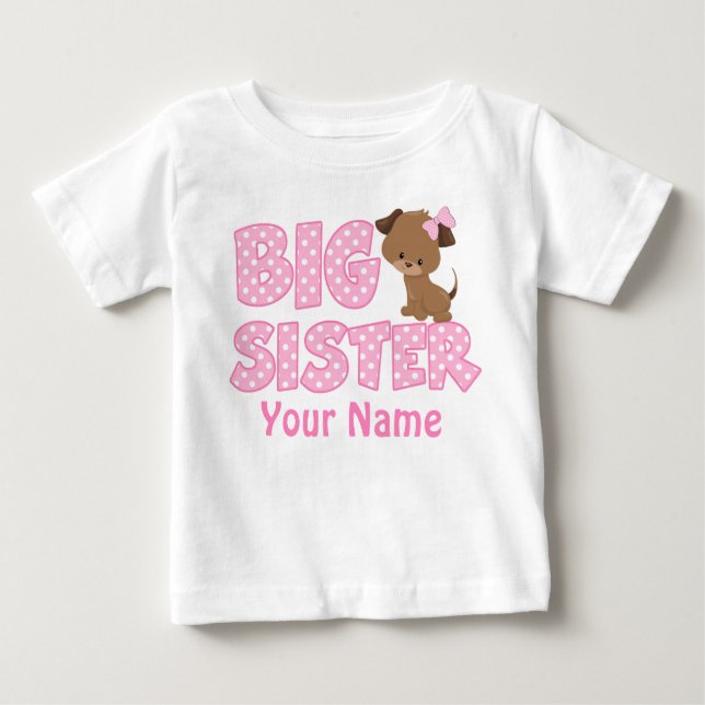T-shirt Pour Bébé Grosse Soeur rose Chiot Personnalisé T Chemise (Devant)