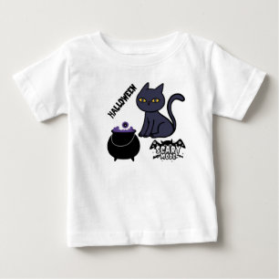 T-shirt Pour Bébé Halloween Chat noir et Cauldron avec "Mode d'horre