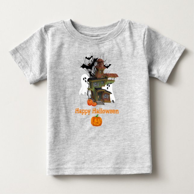 T-shirt Pour Bébé Halloween Éffrayant House Ghost et Citrouilles Bab (Devant)