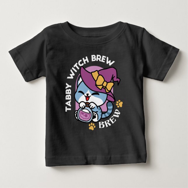 T-shirt Pour Bébé Halloween Tabby Cat – Witch Hat & Potion Art (Devant)