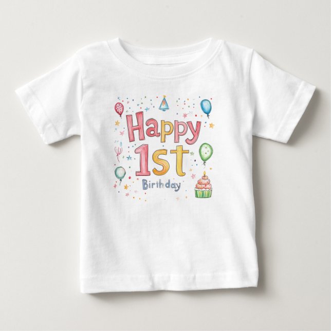 T-shirt Pour Bébé Happy 1st Birthday – Cute Birthday Card with pink  (Devant)