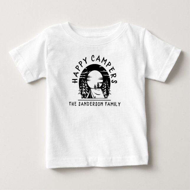 T-shirt Pour Bébé Happy Campers Nom de famille Camping Trip Black Wh (Devant)