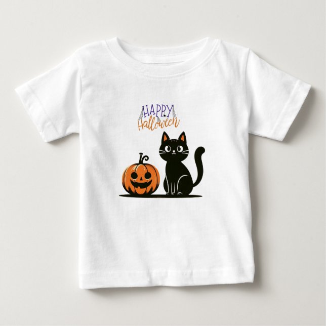 T-shirt Pour Bébé Happy Halloween chat et citrouille (Devant)