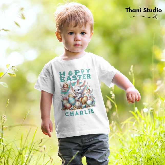 T-shirt Pour Bébé Happy Pâques mignon lapin & Oeufs Nom personnalisa (Créateur téléchargé)