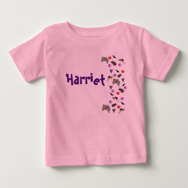 T-shirt Pour Bébé Harriet, nom avec des animaux australiens,  (Devant)