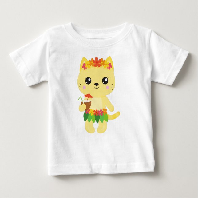 T-shirt Pour Bébé Hawaii Chat, Cute Chat, Chat Jaune, Fleurs, Luau (Devant)