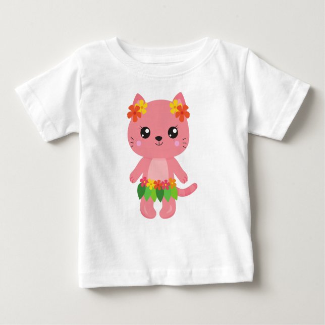 T-shirt Pour Bébé Hawaii Chat, Cute Chat, Chat Rose, Fleurs, Luau (Devant)