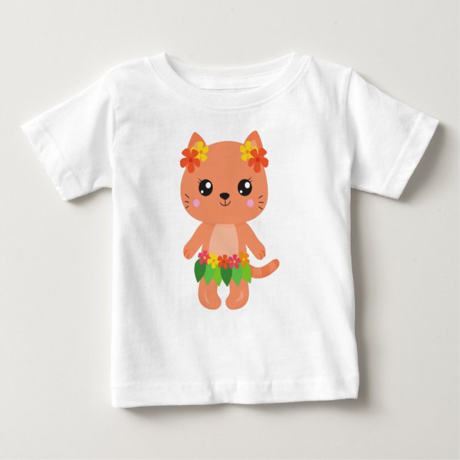 T-shirt Pour Bébé Hawaii Chat, Cute Chat, Orange Chat, Fleurs, Luau (Devant)