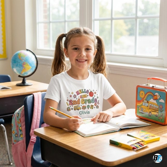 T-shirt Pour Bébé Hello 2nd Grade Retro Groovy Icons Personalized Na (Créateur téléchargé)