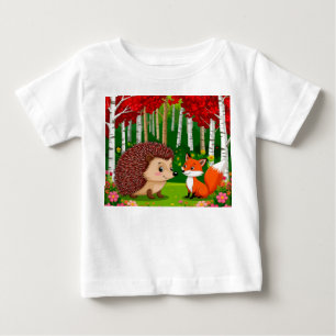 T-shirt Pour Bébé Hérisson mignon et renard dans une forêt lumineuse