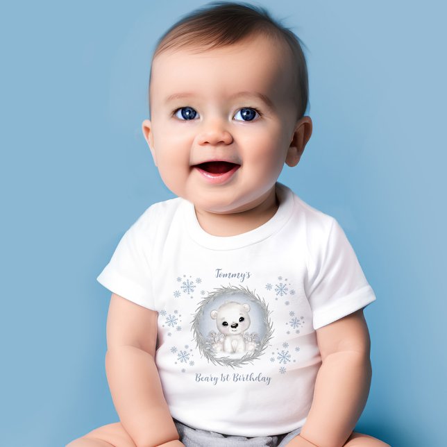 T-shirt Pour Bébé Hiver Boy Beary 1er Anniversaire Beau bleu polaire (Winter Boy Beary 1st Birthday Cute Blue Polar Bear Baby T-Shirt)