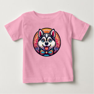 T-shirt Pour Bébé Husky mignon illustré dans le style mandala