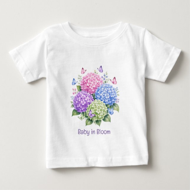 T-shirt Pour Bébé Hydrangeas Pastel et Baby Shower Papillon  (Devant)
