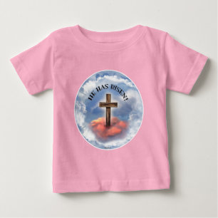 T-shirt Pour Bébé Il Est Ressuscité Croix Rugueuse Avec Nuages
