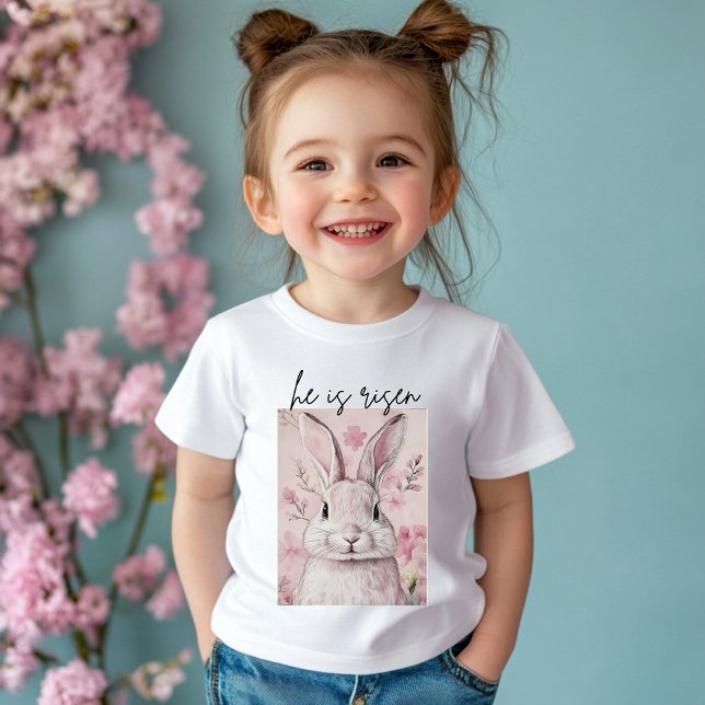T-shirt Pour Bébé "Il est ressuscité" Lapin rose avec Fleur (Créateur téléchargé)