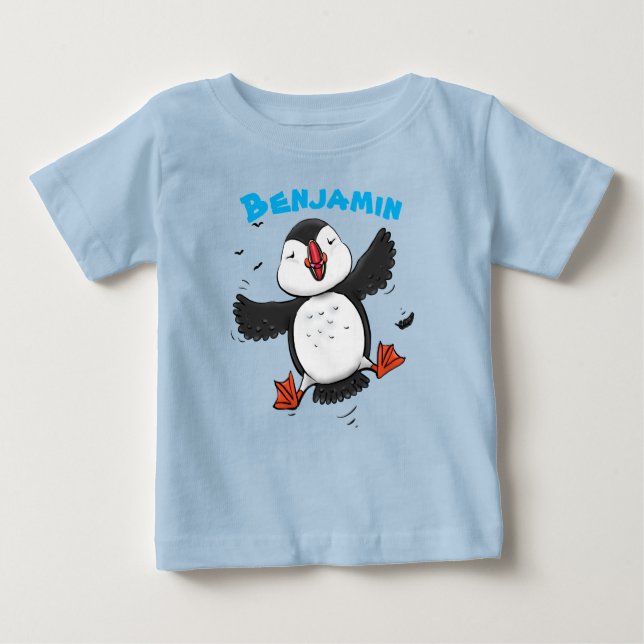 T-shirt Pour Bébé Illustration adorable, joyeuse, de pouffin volant (Devant)