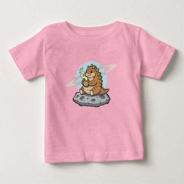 T-shirt Pour Bébé Illustration de dinosaure spatial mignon buvant du (Devant)