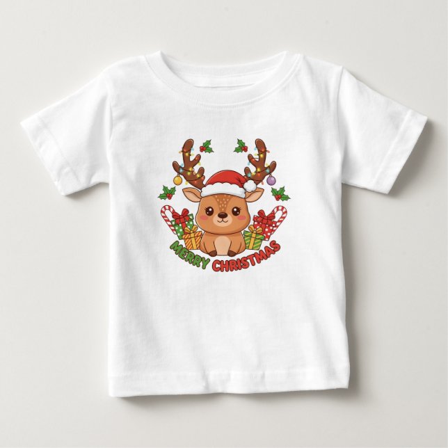 T-shirt Pour Bébé Illustration de rennes de Noël mignons (Devant)