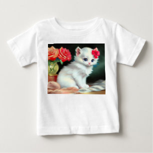 T-shirt Pour Bébé Illustration vintage de Kitten blanc avec fleurs r