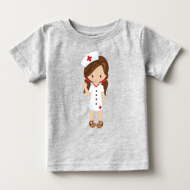 T-shirt Pour Bébé Infirmière, Médecine, Docteur, Jolie Fille, Cheveu (Devant)