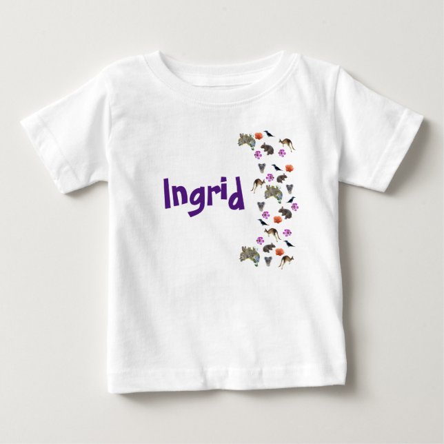T-shirt Pour Bébé Ingrid, nom logo avec faune australienne,  (Devant)