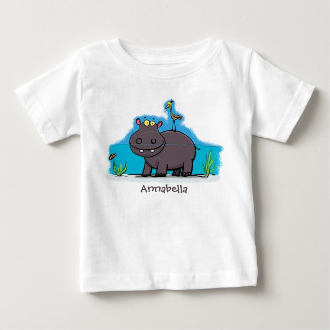 T-shirt Pour Bébé Ippopotame drôle mignon avec dessin animé d'oiseau (Devant)