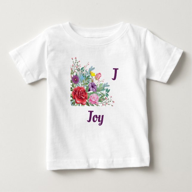 T-shirt Pour Bébé J Joy Personnaliser Nom de la lettre, Fleurs Roses (Devant)