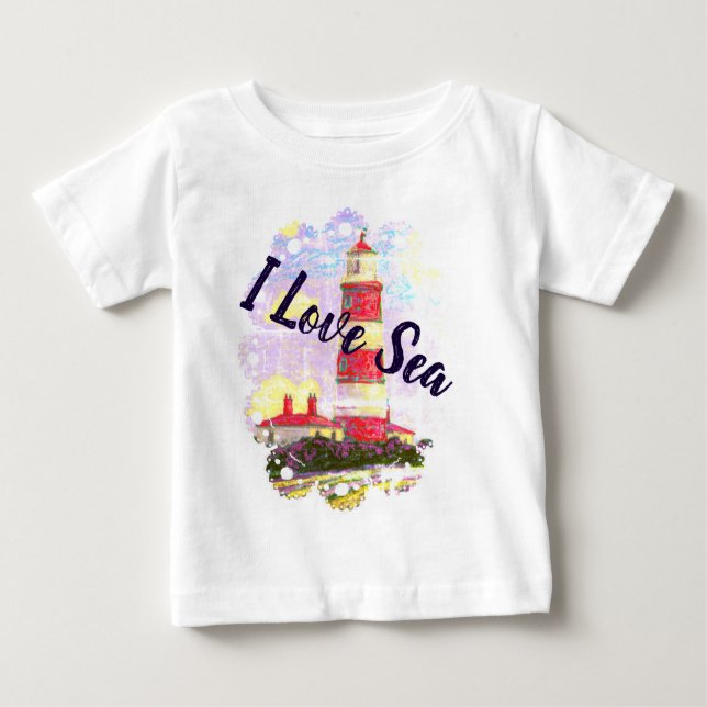 T-shirt Pour Bébé J'aime la mer avec un phare et un coquillage (Devant)