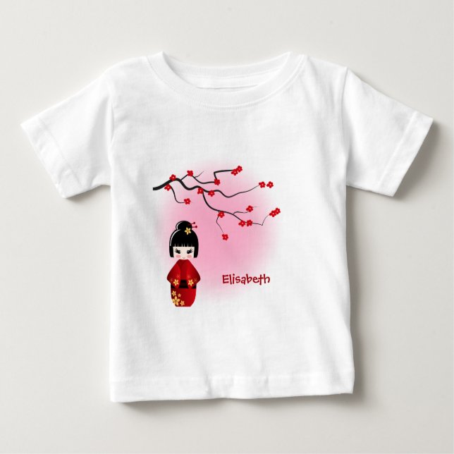 T-shirt Pour Bébé Japonaise kokeshi doll sakura nom bébé chemise fil (Devant)