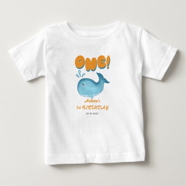 T-shirt Pour Bébé Joli bébé baleine bleue 1er anniversaire (Devant)