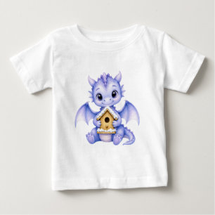 T-shirt Pour Bébé Joli bébé dragon bleu avec une maison en pain d'ép