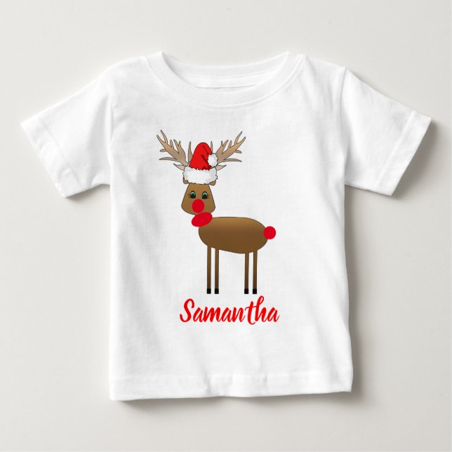 T-shirt Pour Bébé Joli Blanc Noël Rouge Nez Reindeer Père Noël Casqu (Devant)