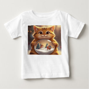 T-shirt Pour Bébé Joli Chat de Noël Tenant un Art de Boule à Neige B