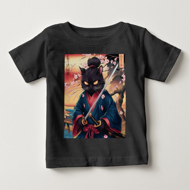 T-shirt Pour Bébé Joli chat samouraï japonais  (Devant)