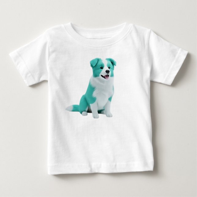 T-shirt Pour Bébé Joli chiot Border Collie sarcelle et blanc (Devant)