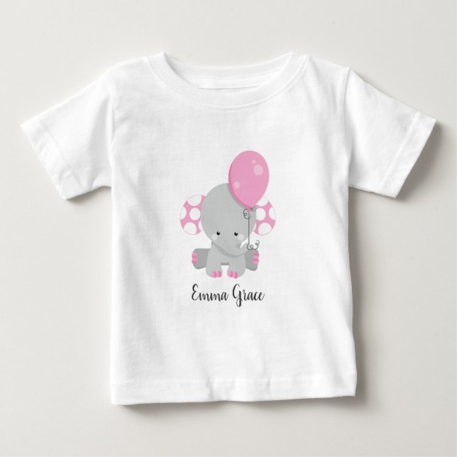 T-shirt Pour Bébé Joli Eléphant Rose fille bébé Monogramme (Devant)