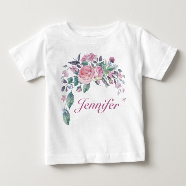 T-shirt Pour Bébé Joli Floral Nom Personnalisé Baby Girl (Devant)
